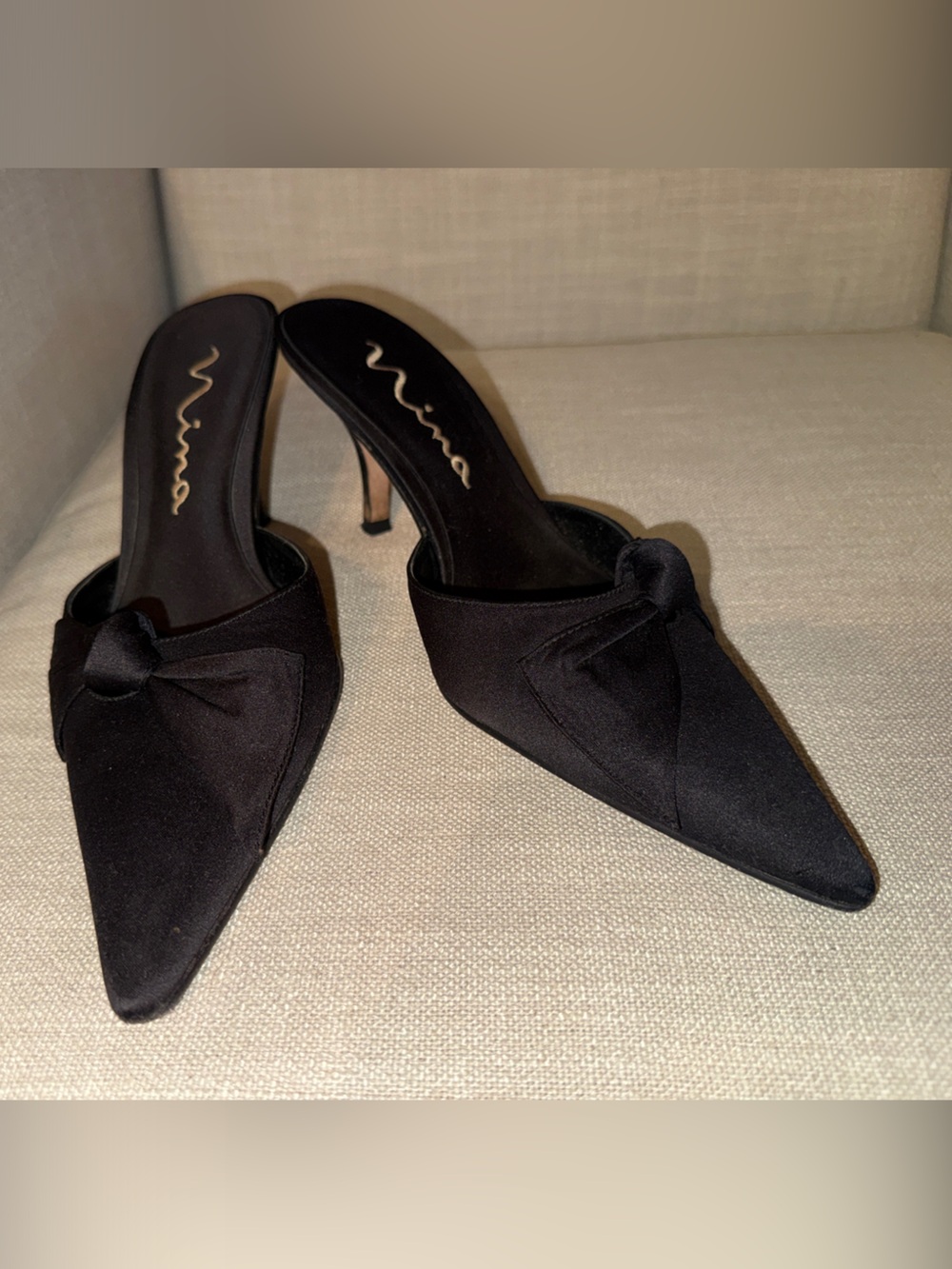 Nina Black Pointed Knot Bow Satin Heels